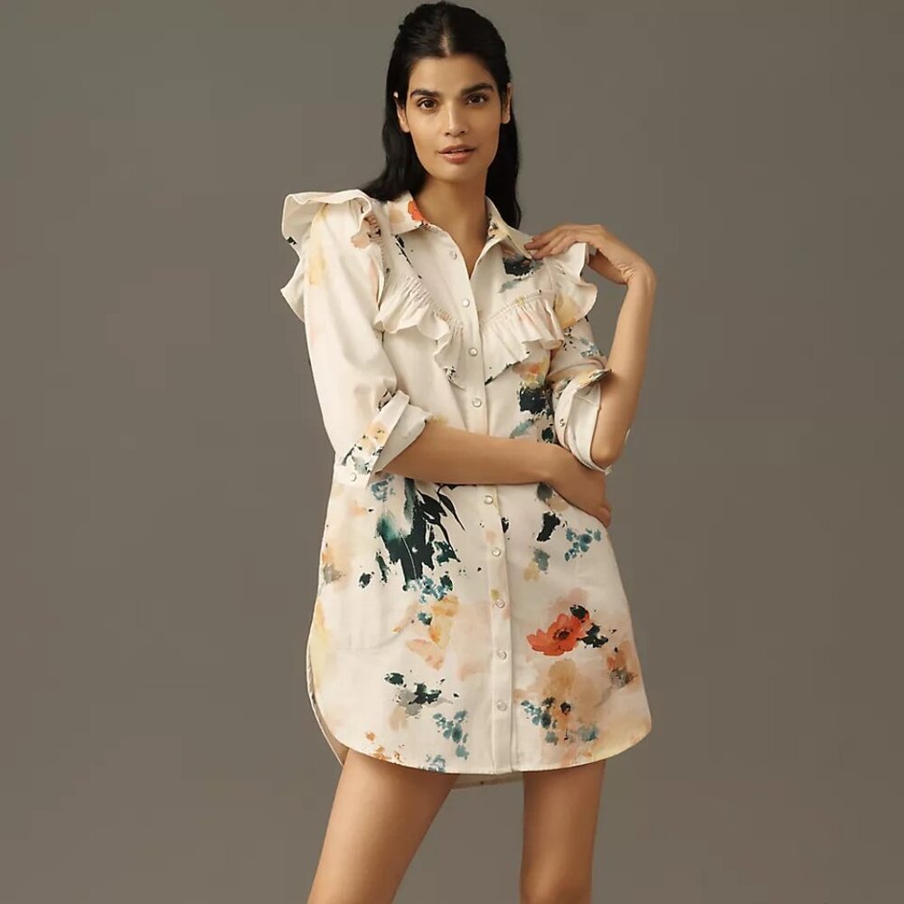 NWT Anthropologie Pilcro Long-Sleeve Ruffled Denim Mini Shirt Dress, Size XS